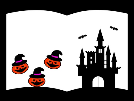 ハロウィン（本） ハロウィン,城,かぼちゃ,コウモリ,帽子,洋風,本,笑う,シンプル,シルエットのイラスト素材
