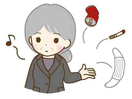 Elderly woman in a suit littering, deformed, character, expression, JPG, PNG and AI