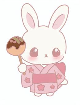 たこ焼き持つ浴衣うさぎ うさぎ,動物,キャラクター,ゆるキャラ,かわいい,浴衣,着物,和服,和風,花柄のイラスト素材