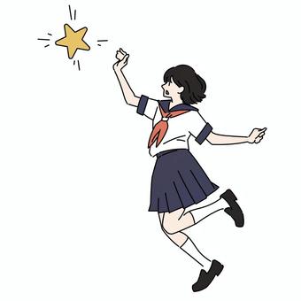 星を追いかける女子生徒 女性,女の子,星,セーラー服,制服,全身,追いかける,走る,希望,目標のイラスト素材