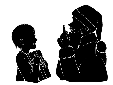 こどもとサンタ1 サンタクロース,クリスマス,子供,プレゼント,内緒話,秘密,冬,少年,ボーイッシュ,ショートカットのイラスト素材