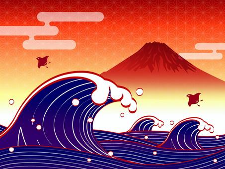大波と富士_夕焼け 海,大波,小波,富士山,雲,千鳥,水飛沫,地紋,麻の葉,グラデーションのイラスト素材