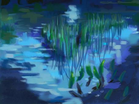 池のある夜の公園 風景,公園,夜,池,夜景,月明かり,青,風景画,手描き,リラックスのイラスト素材