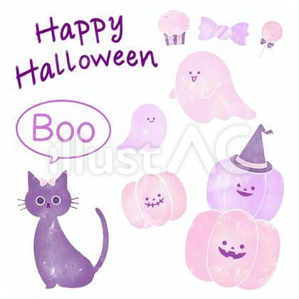 ハロウィンの水彩ピンクシルエットイラスト