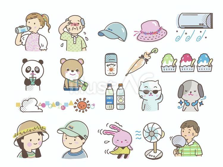 夏の熱中症対策セット 熱中症,熱中症対策,熱中症予防のイラスト素材