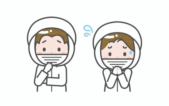 ミニ_2人_衛生服の男女05 男性,女性,大人,職業,仕事,衛生服,防護服,清掃員,工場,病院のイラスト素材