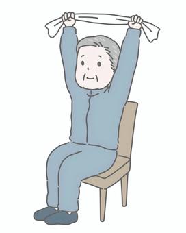 タオル体操をするおじいさん シニア,高齢者,男性,リハビリ,タオル体操,健康促進,体操,運動,健康,椅子のイラスト素材