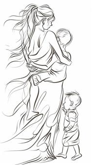 Illustration, line drawing, family, mother and son, 