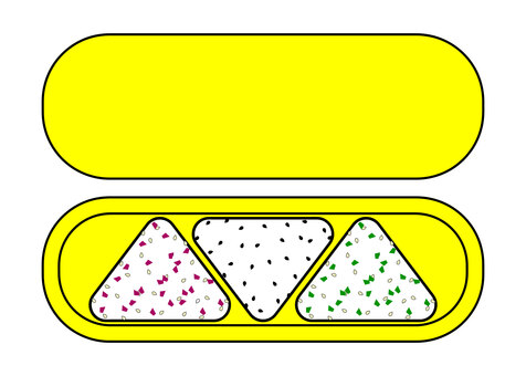 お弁当箱に入ったおにぎり三種 おにぎり,おむすび,黒ごま,わかめ,わかめごはん,わかめ混ぜこみおにぎり,緑,青のり,若菜,菜っ葉のイラスト素材