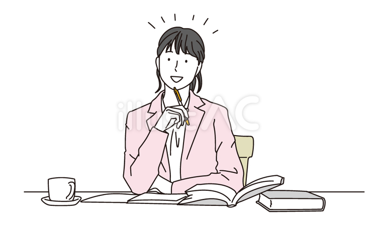 デスクで閃く表情の女性のイラスト素材 考える,女性,笑顔のイラスト素材