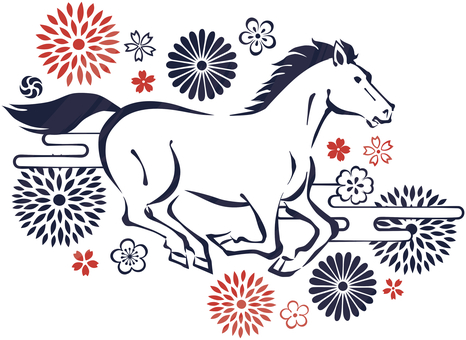 筆書き風の駆ける馬と花々　黒 午,午年,馬,走る,干支,お正月,駆ける,疾走,和,和柄のイラスト素材