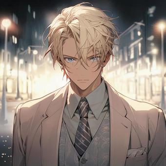 Young man in a suit in the night city, , JPG