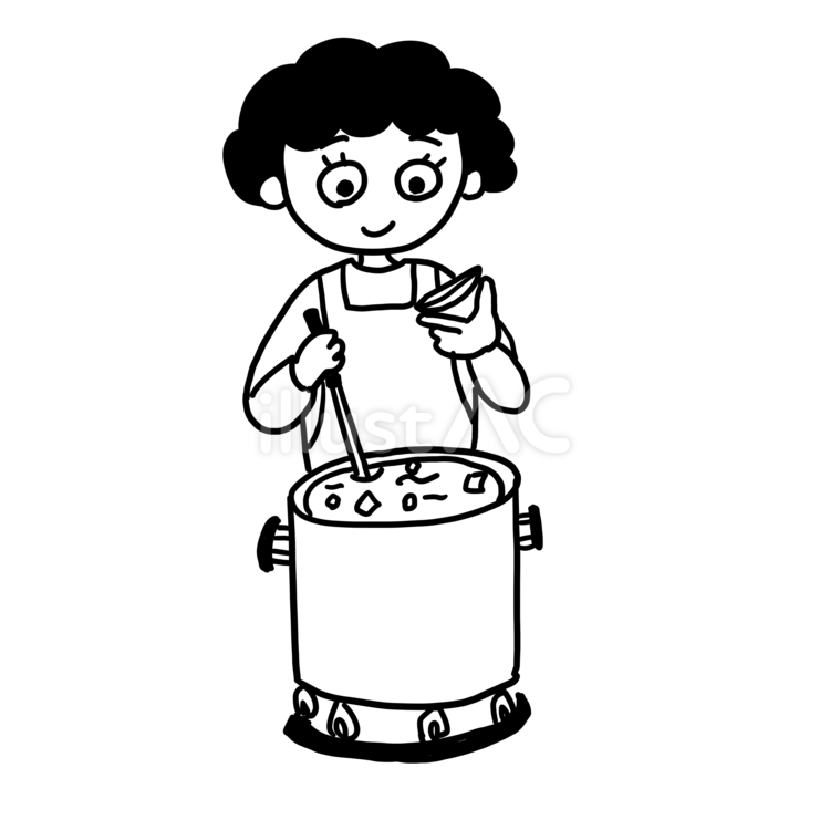 ご飯を作っている主婦の線画 お母さん,女性,味噌汁のイラスト素材