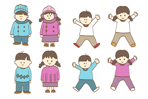 冬服のこども　手描きのイラストセット 冬服,冬,子供,人物,男の子,女の子,かわいい,幼い,セット,ベクターのイラスト素材