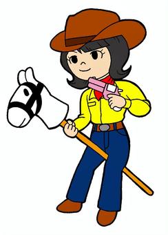 カウガール　こども　イラスト 黒髪,カウガール,こども,馬,おもちゃ,茶色,カウボーイハット,赤色,スカーフ,黄色のイラスト素材