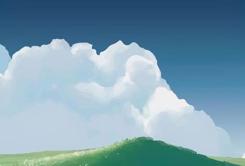 夏の入道雲のイラスト 夏,空,入道雲,青い空,草原,晴れ,イラストのイラスト素材