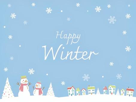 かわいい雪だるまと雪の街並みの背景 ウィンター,ハッピーウィンター,雪だるま,街,家,街並み,雪,雪の結晶,雪景色,冬のイラスト素材