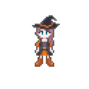 ドット絵の魔女コスプレをした女の子 橙 ドット絵,ピクセルアート,魔女,魔法使い,帽子,ワンピース,ドレス,ブーツ,オレンジ,ハロウィンのイラスト素材