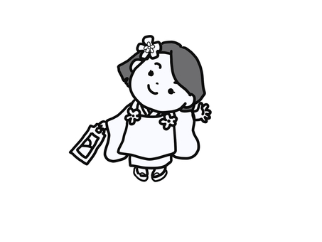 七五三のおしゃまさん 七五三,伝統行事,三歳児,着物,モノクロイラストのイラスト素材