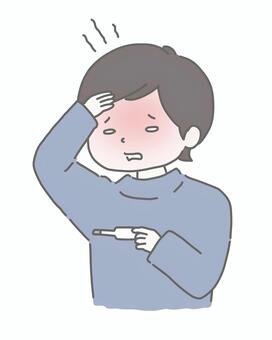 発熱して体温を測る男性  発熱,熱,体温計,検温,体調不良,病気,風邪,インフルエンザ,流行,予防のイラスト素材