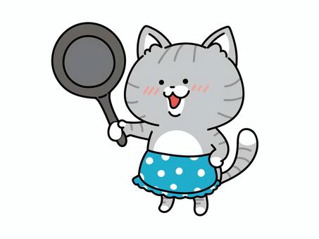 フライパンを持つエプロン猫ちゃん ねこ,フライパン,料理,エプロン,シェフ,主婦,主夫,家事,調理,クッキングのイラスト素材