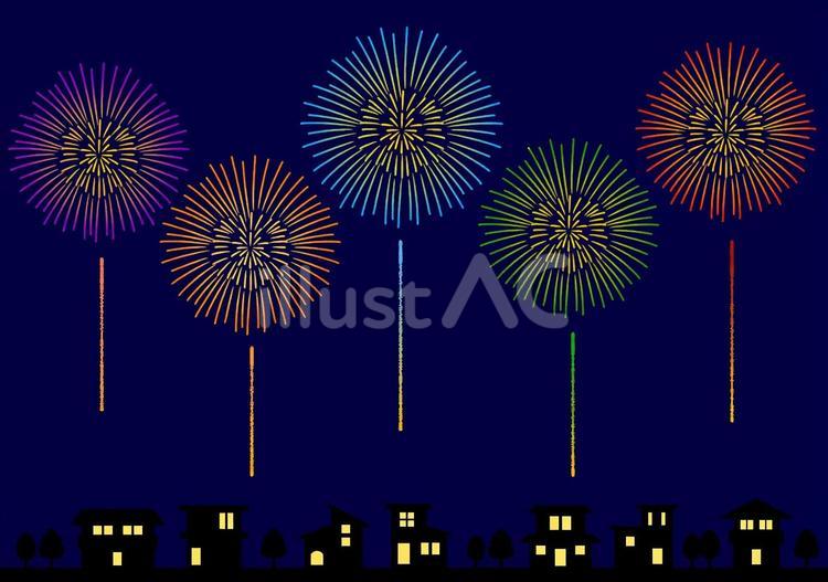 家と並木の街並みと打ち上げ花火・花火大会 家,街並み,並木のイラスト素材
