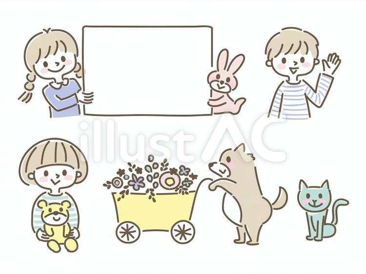 手描きの子どもと動物イラスト＆フレーム 子ども,あいさつ,手描きのイラスト素材