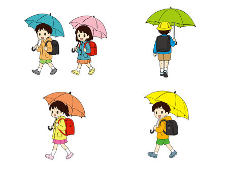 雨の日に登校する小学生5種類 小学生,傘,雨の日,レインコート,女の子,男の子,歩く,後ろ姿,笑顔,低学年のイラスト素材