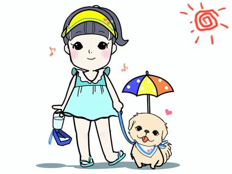 ペキニーズと夏のお散歩, लड़की, कुत्ता, गर्मी, JPG and PNG