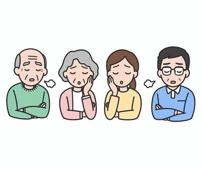 家族・夫婦がため息をつくカットイラスト 老夫婦,おじいさん,おばあさん,悩み,落ち込む,困る,困惑,ネガティブ,不安,心配のイラスト素材