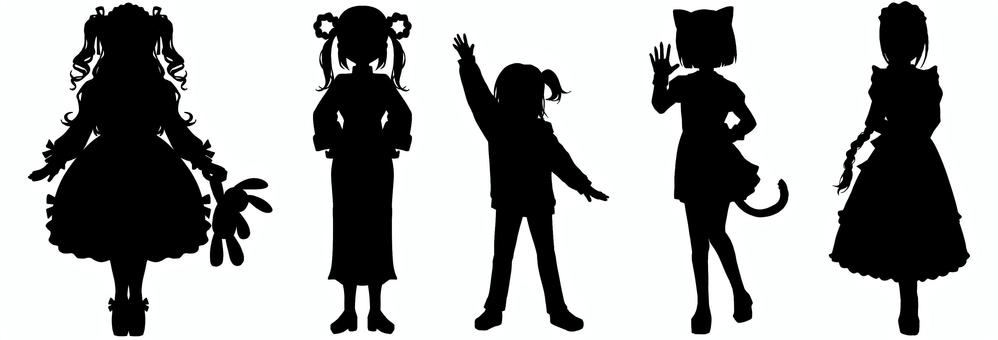 女の子の全身立ち絵シルエットセット14 女の子,シルエット,セット,少女,女性,立ち絵,trpg,全身,人物,黒のイラスト素材