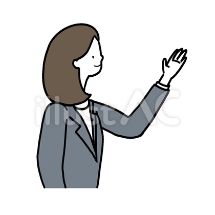 片手を上げて説明をするスーツの女性