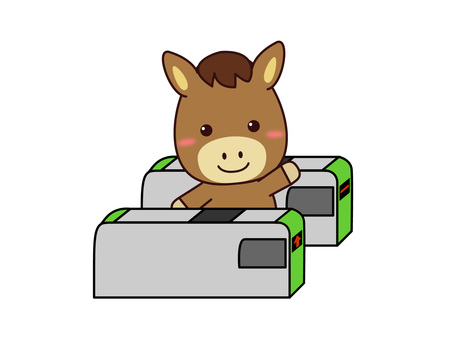 電車で帰省するお馬さん 馬,干支,午年,改札,帰省,電車,帰る,笑顔,かわいい,動物のイラスト素材