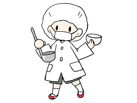 こども 給食 子供,女の子,割烹着,給食着,給食帽子,マスク,お玉,皿,上履き,短パンのイラスト素材