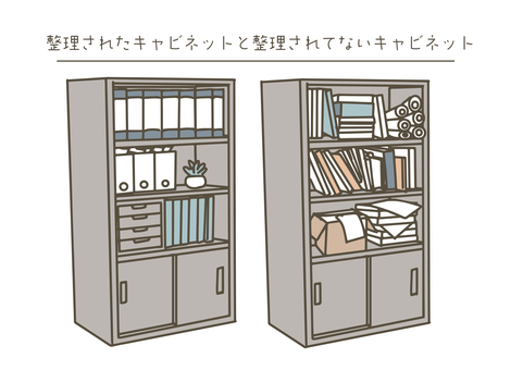整理されたキャビネットと汚いキャビネット キャビネット,棚,書類棚,整理整頓,オフィス,職場,ビジネス,収納,片付け,比較のイラスト素材