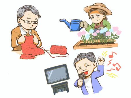 趣味を楽しむ年配女性 高齢者,年配女性,編み物,ガーデニング,カラオケ,趣味のイラスト素材