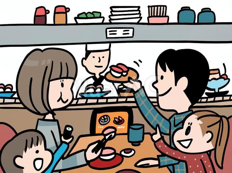 四人家族で回転寿司に来たよ！ 家族,お母さん,お父さんのイラスト素材