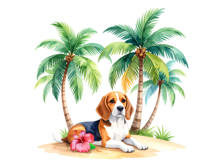 Beagle relaxing under a palm tree 3, JPG and PNG Beagle relaxing under a palm tree 3, dog, beagle, beach, JPG and PNG