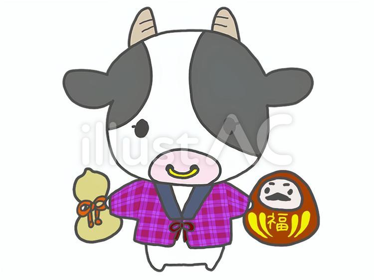 牛さんと縁起物(ひょうたん・だるま) 牛,丑年,お正月のイラスト素材