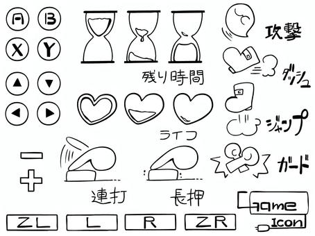 ゲームアイコン セット 線画 ゲーム,ボタン,コマンド,残り時間,残機,砂時計,ハート,ライフ,線画,実況のイラスト素材