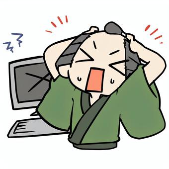 パソコンがエラーで焦る町民 町民,パソコン,エラー,焦る,デジタル,苦手,パニック,大変,やばい,壊すのイラスト素材