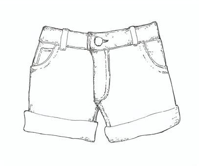 【夏の装い】デニムのショートパンツの線画 短パン,デニム,ファッション,手描き,リアル,モノクロ,挿絵,白バック,線画,イラストのイラスト素材