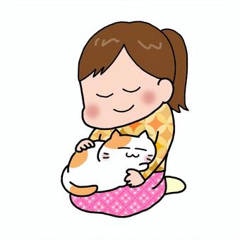 にゃんこをだっこ ねこ,かわいい,手書き,女性,だっこ,睡眠,あやす,なでる,ペットのイラスト素材