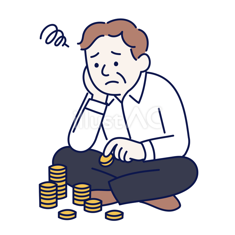 お金を数えて悩む男性の姿 男性,お金,コインのイラスト素材