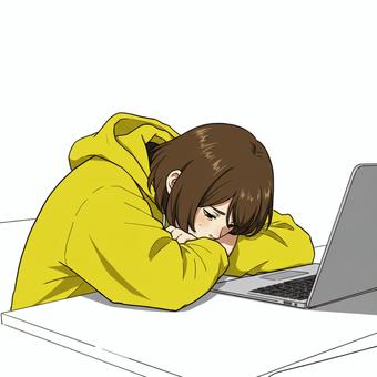 A worried and depressed figure in front of a computer, JPG and PNG A worried and depressed figure in front of a computer, female, parker, yellow, JPG and PNG