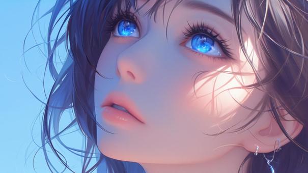 Blue-eyed woman α2 looking upwards, , JPG and PNG