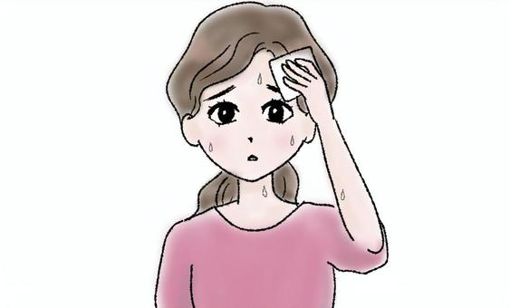 汗をかいている女性 女性,汗,ハンカチ,熱中症,夏,汗かき,困っている,暑がり,暑いのイラスト素材