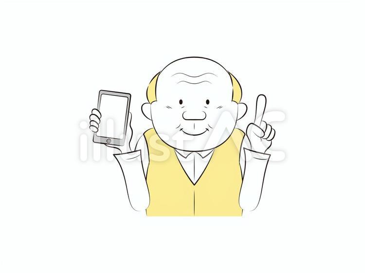 スマホで説明する　シニア　男性 スマホ,スマートフォン,持つのイラスト素材