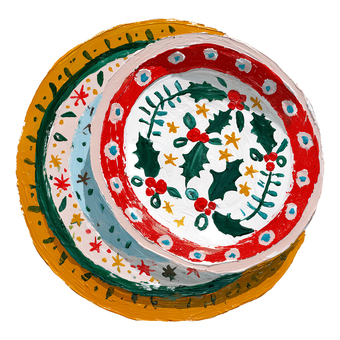 クリスマス模様の絵皿イラスト クリスマス,クリスマス模様,絵皿,食器,プレート,皿,飾り皿,テーブルウェア,手描き,絵の具風のイラスト素材
