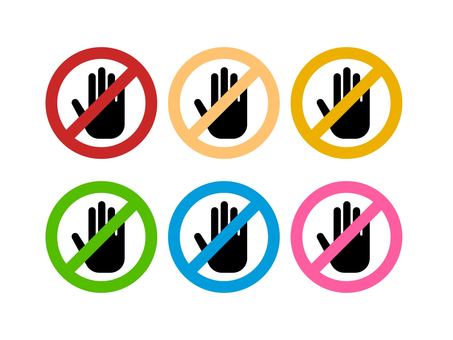 ストップをイメージしたアイコンセット ストップ,手,カラフル,禁止,規制,警告,お知らせ,アイコン,セット,ダメのイラスト素材